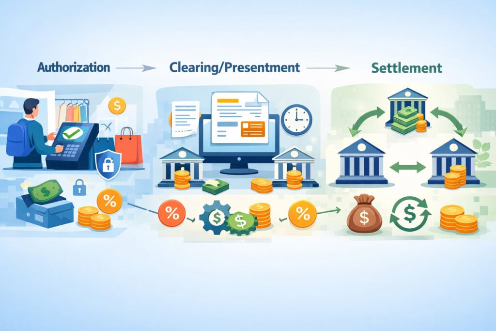 How the payment flows (authorization → clearing/presentment → settlement) and where fees attach