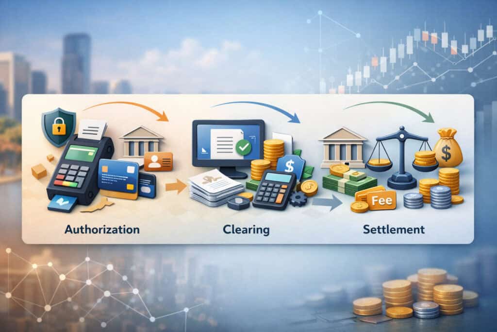 The payment flow: authorization → clearing → settlement (and where fees get applied)