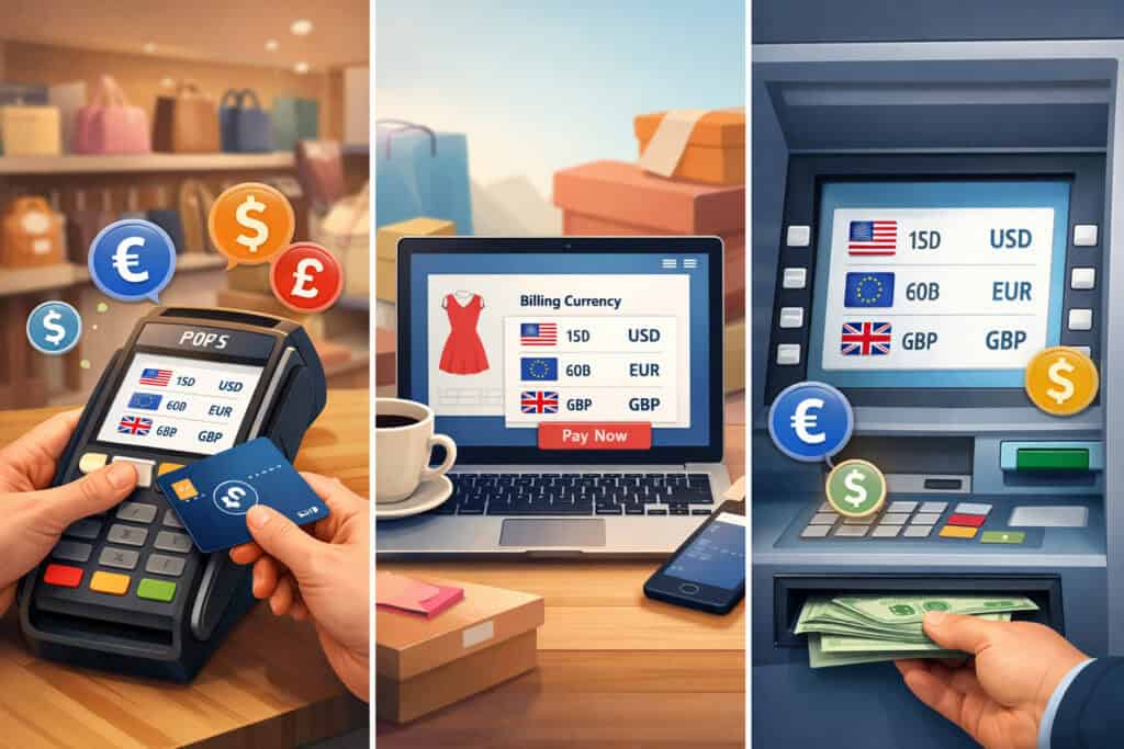 Where DCC (Dynamic Currency Conversion) happens: in-store terminals, online checkout, and ATMs