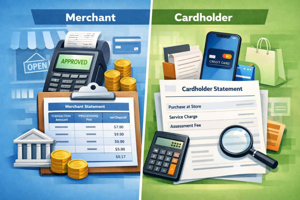 Where these fees show up on statements (merchant vs cardholder) and why labels vary
