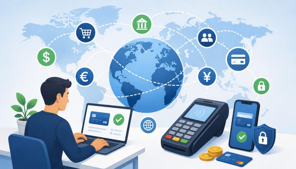 Business professional using digital payment tools with global currency icons, world map, and secure international transaction symbols representing international payment processing