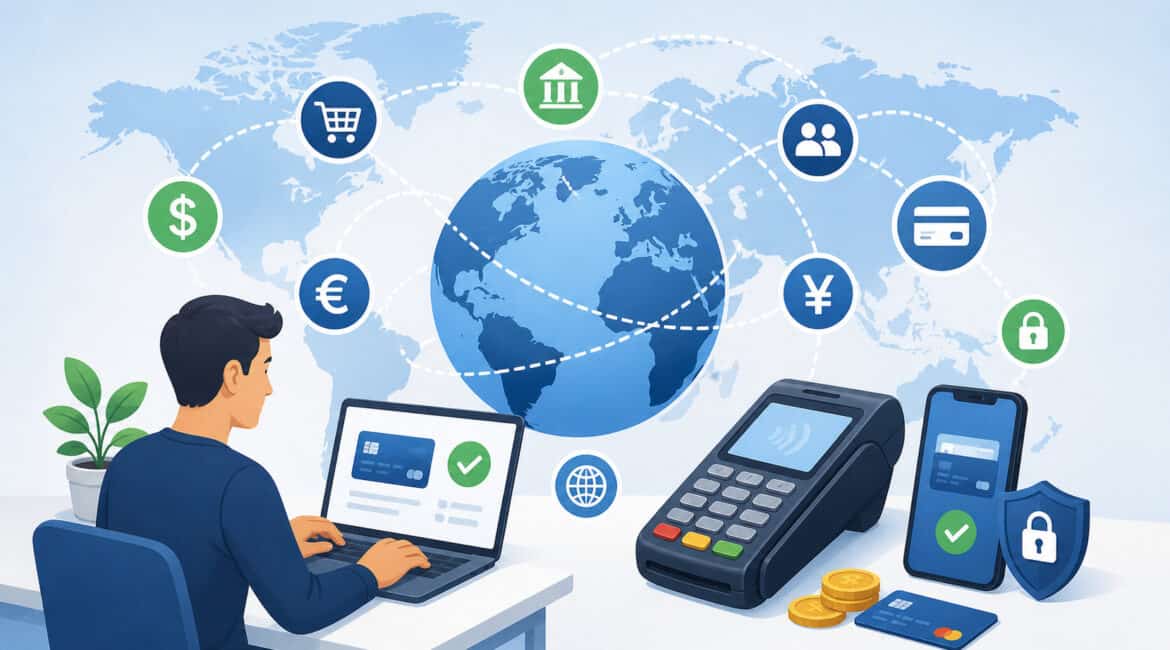 Business professional using digital payment tools with global currency icons, world map, and secure international transaction symbols representing international payment processing