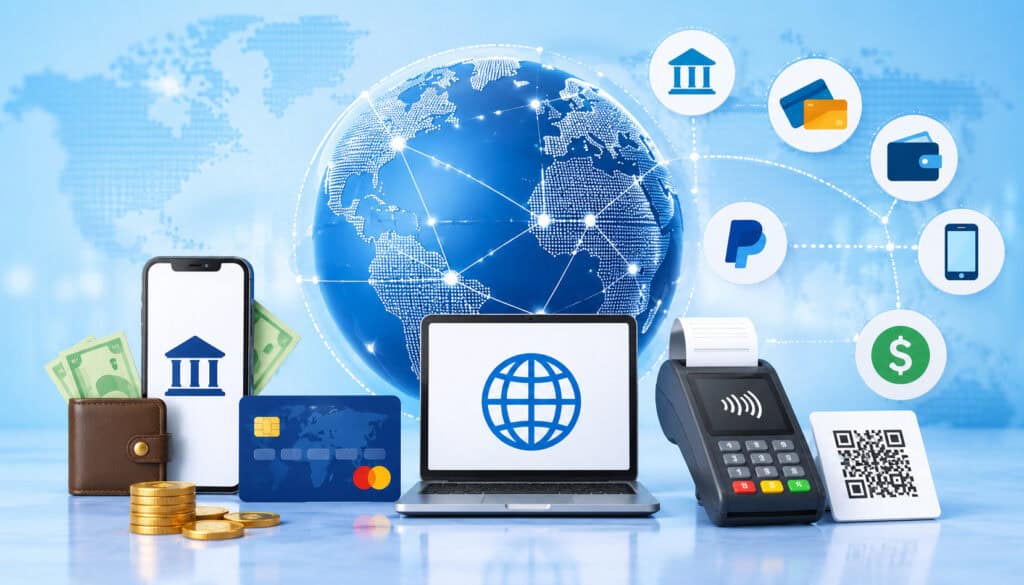 Illustration of common international payment methods including digital wallets, credit cards, mobile banking, QR payments, and global online transactions connected through a world network
