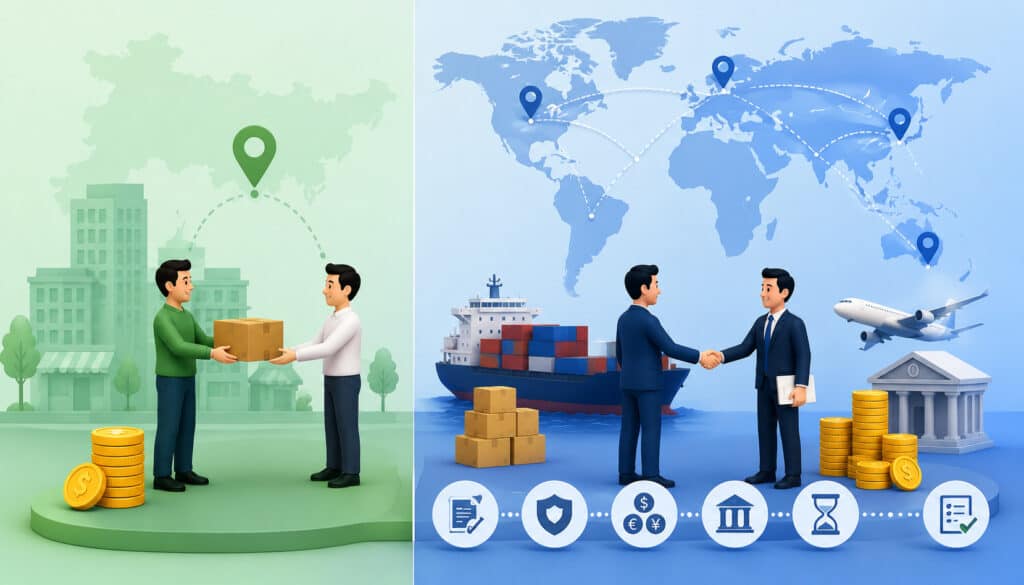 Illustration comparing domestic and cross-border transaction costs with local business exchange, global payment network, shipping, banking, and international transfer icons