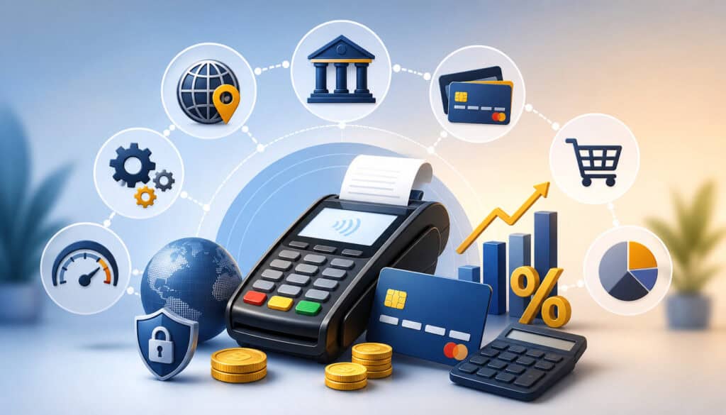 3D illustration of payment processing cost factors with POS terminal, credit cards, analytics charts, security shield, calculator, coins, and financial network icons in a modern business setting