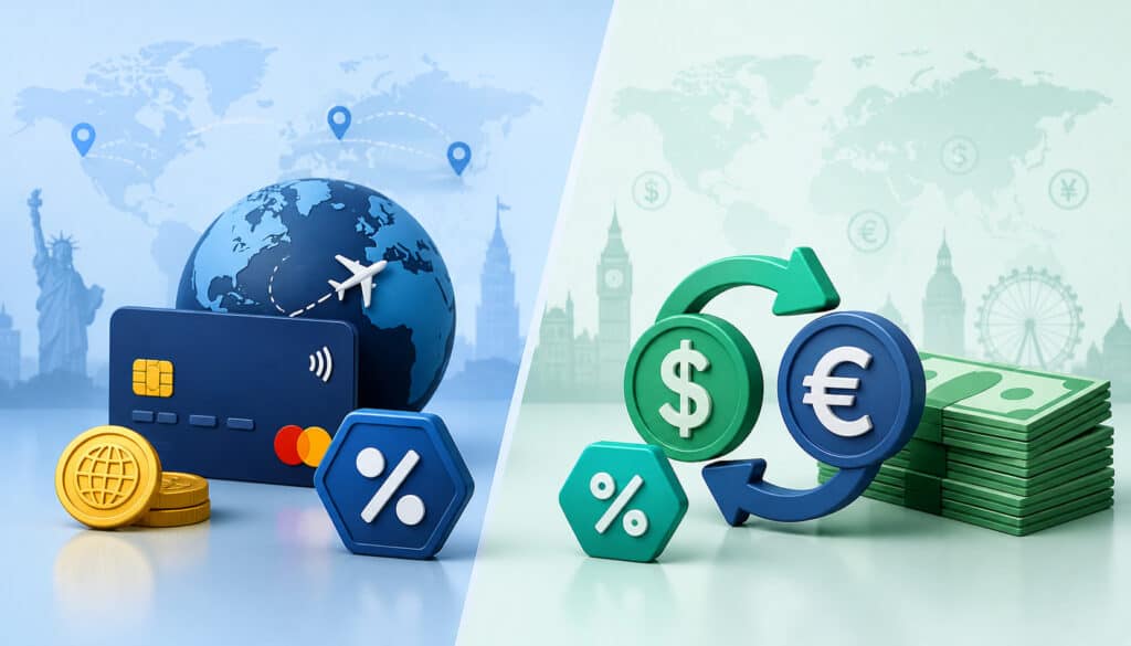 3D illustration comparing foreign transaction fees and currency conversion fees with global travel icons, credit card, currency exchange symbols, cash stacks, and world map background