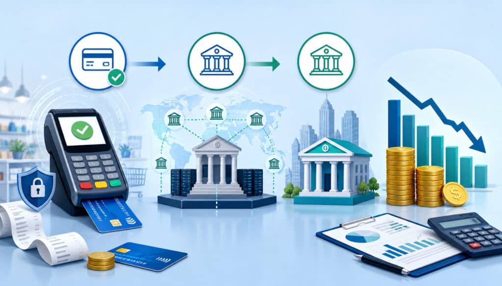 3D illustration of payment authorization, clearing, and settlement process with POS terminal, banking networks, financial charts, coins, and secure digital transaction icons representing payment processing costs