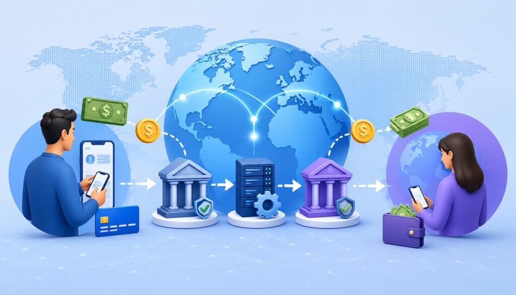 Illustration of cross-border payment processing with global money transfers, digital banking systems, secure transaction networks, mobile payments, and international financial connectivity
