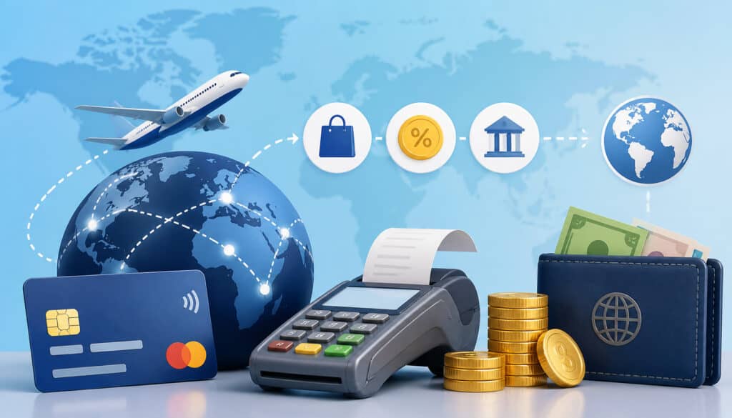 3D illustration of foreign transaction fees with global credit card payments, travel icons, currency exchange symbols, payment terminal, wallet, coins, and world map background
