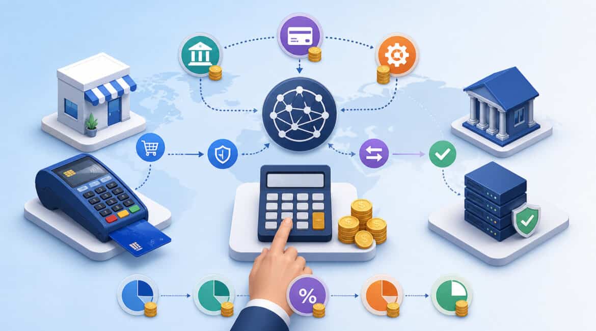 Illustration of payment networks calculating transaction costs with POS terminal, banking systems, digital payment flow, security icons, and transaction fee analytics