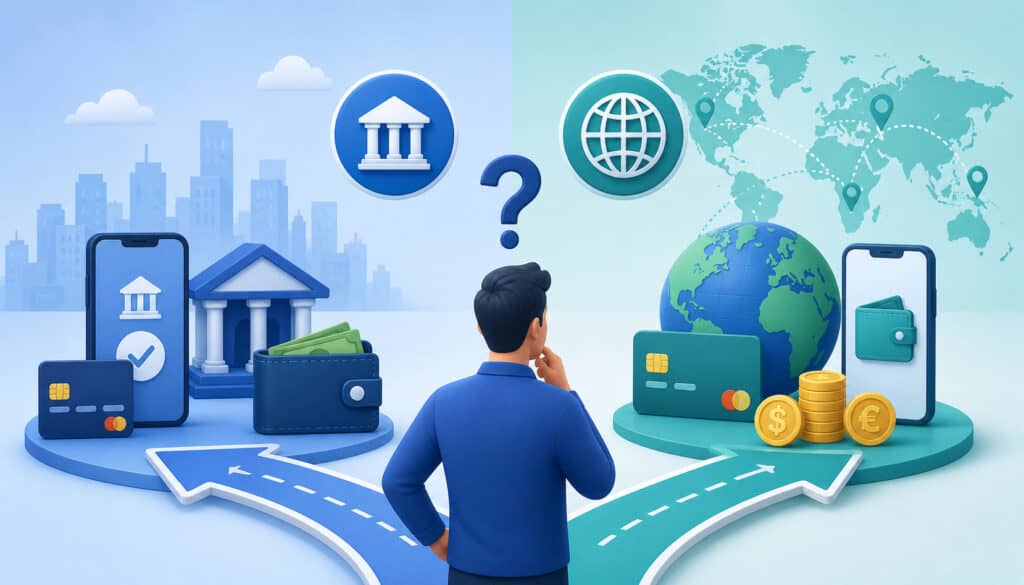 Illustration of a person choosing between domestic and international payment methods with icons of bank, cards, mobile wallet, globe, and global currency symbols on a split background