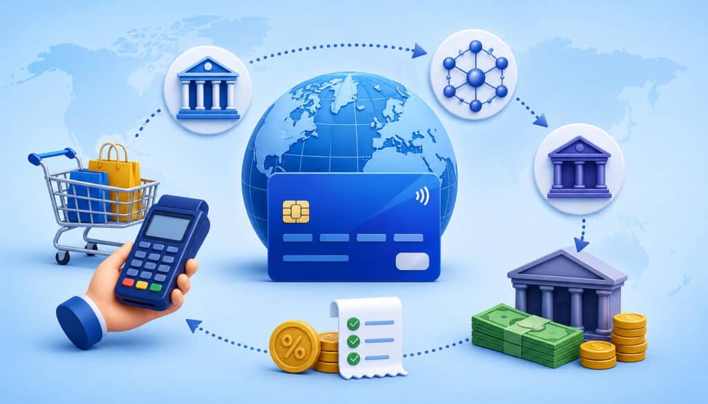 3D illustration of a global Visa credit card transaction process with world map, payment terminal, shopping cart, banking icons, currency symbols, and international payment flow elements
