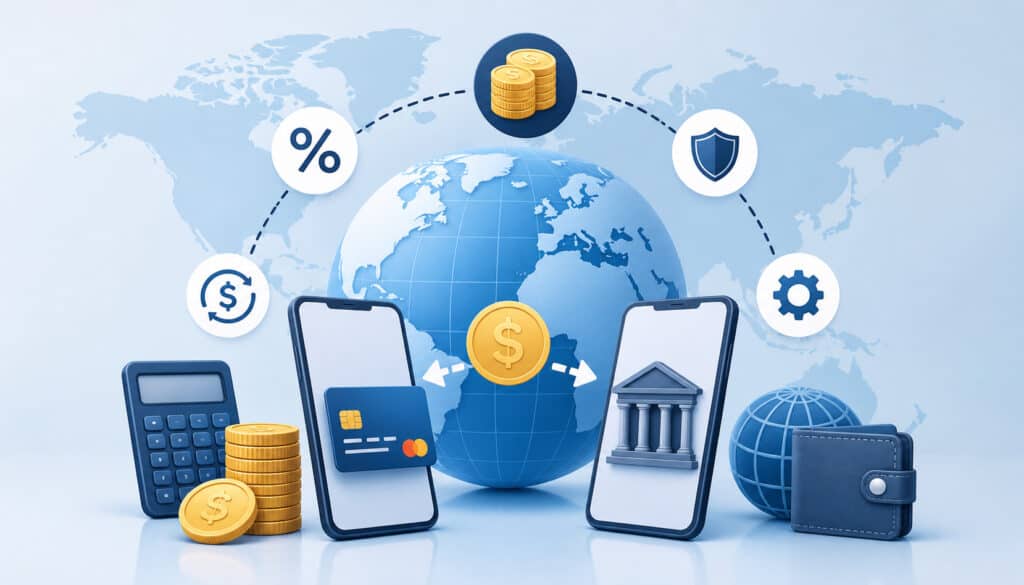 Illustration of international payment system fees with global money transfers, digital banking, currency exchange, transaction cost icons, and mobile payment technology