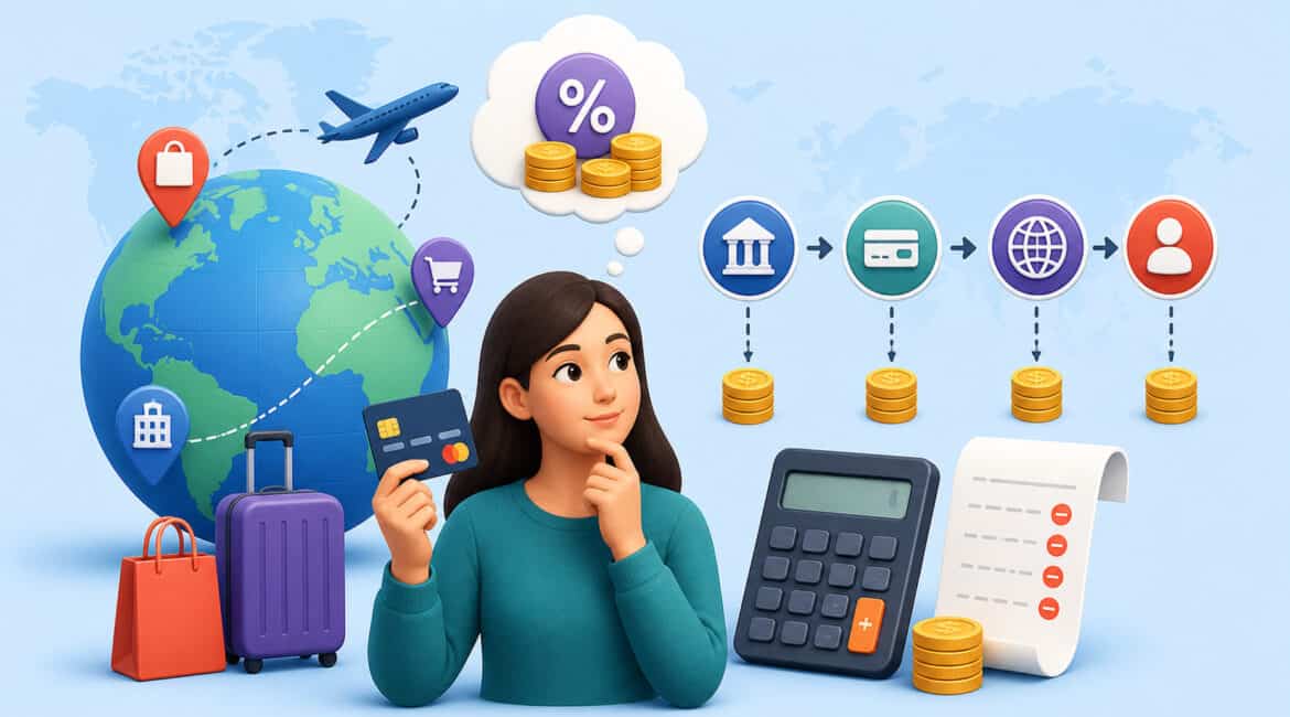 Illustration of a woman holding a credit card while reviewing foreign transaction fees with global travel, currency exchange, banking, calculator, and payment processing icons in the background