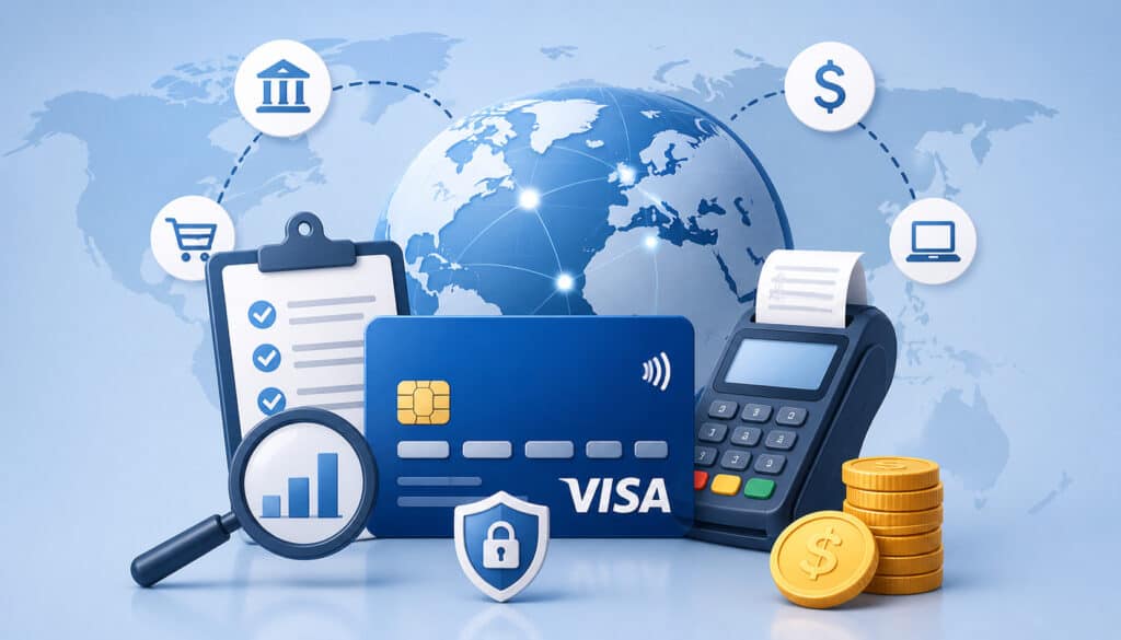 Illustration of Visa International Service Assessment fees with global card payments, payment terminal, financial analysis icons, secure international transactions, and digital banking elements