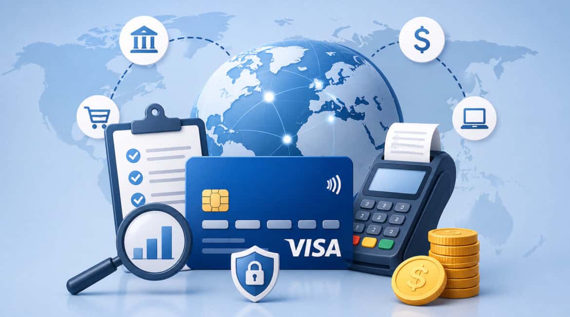 Illustration of Visa International Service Assessment fees with global card payments, payment terminal, financial analysis icons, secure international transactions, and digital banking elements