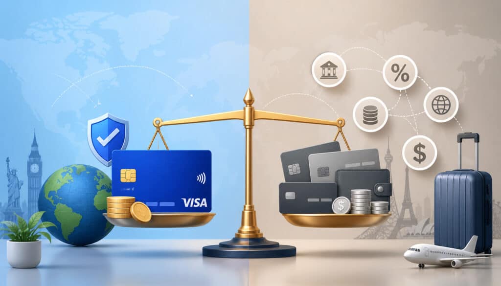 Illustration comparing Visa ISA fees with other international payment processing costs using global payment cards, currency icons, and travel-themed financial elements