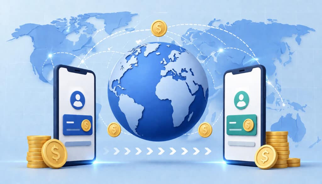 Global cross-border payments illustration showing digital money transfer between countries with smartphones, world map, and currency exchange icons