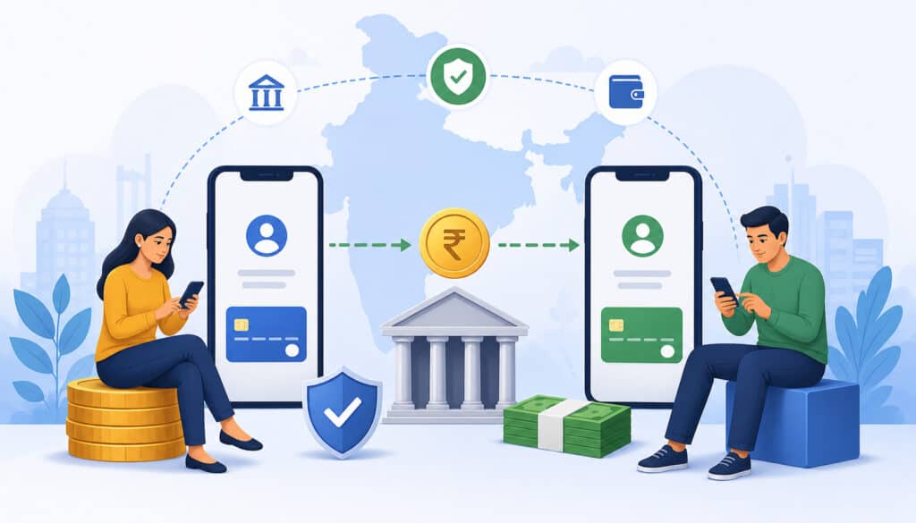 Modern illustration of domestic digital payments showing two people transferring money via smartphones with bank, currency, and secure transaction icons in the background