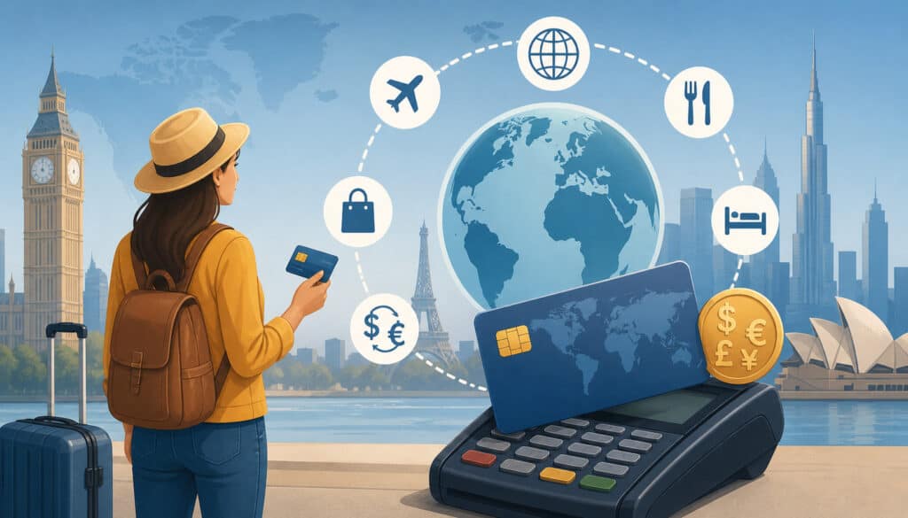 Traveler using a credit card abroad with global currency symbols, payment terminal, and international landmarks representing foreign transaction fees and international purchases
