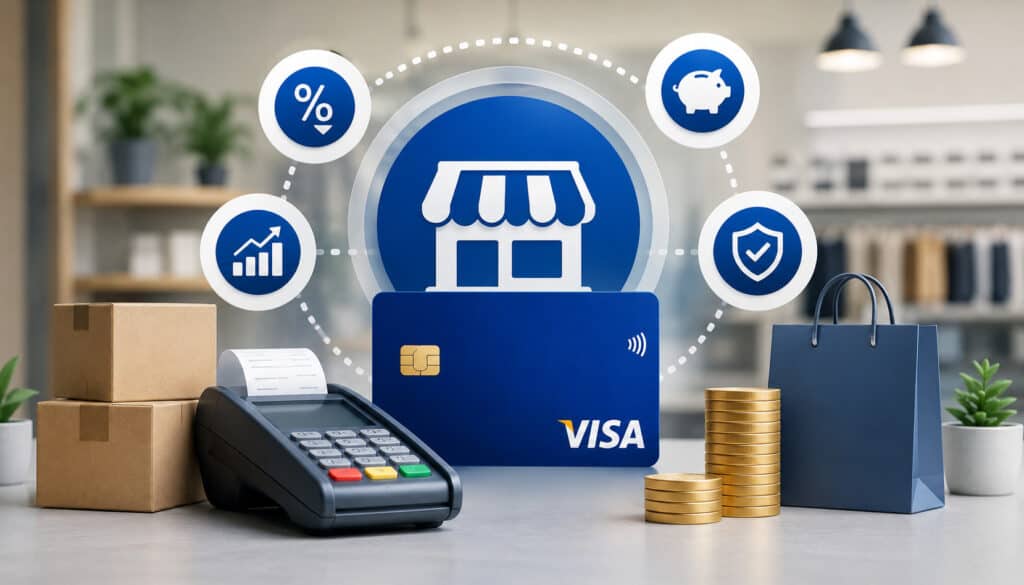 Digital payment processing illustration featuring a POS terminal, payment card, retail storefront icon, financial growth symbols, and security icons representing Visa ISA fees and merchant transaction costs