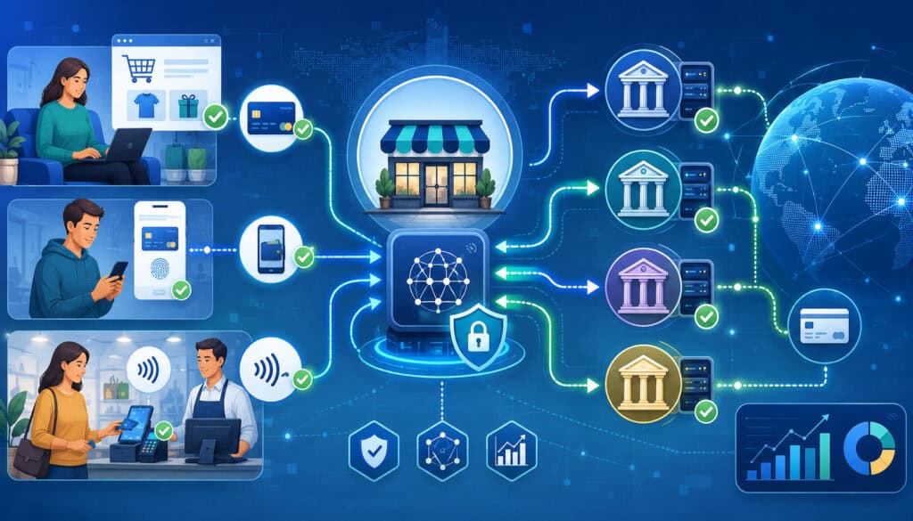 Multi-acquirer payment processing flow illustration