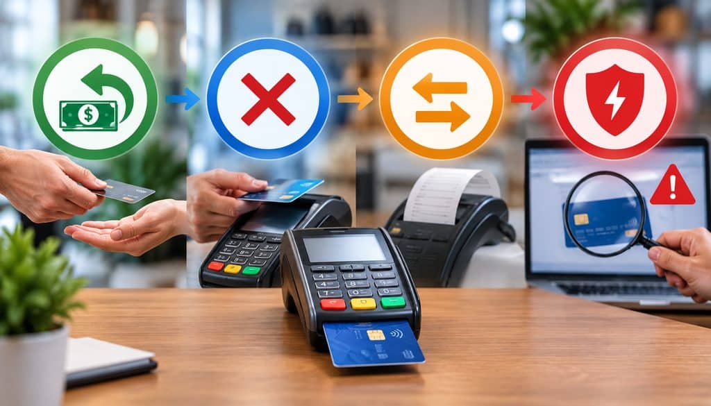 Payment terminal illustrating refund, void, reversal, and chargeback processes